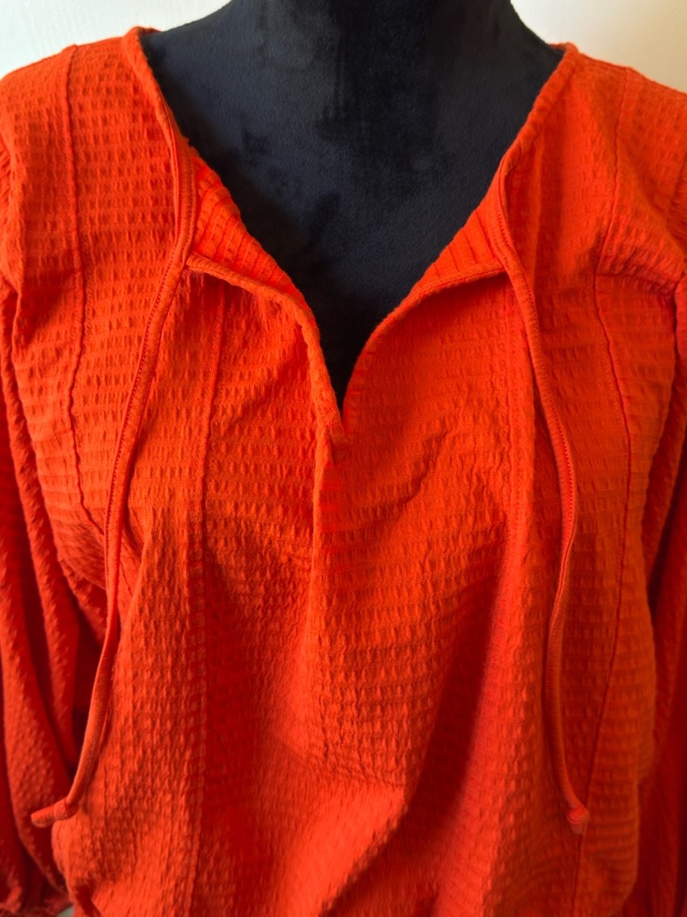 Anthropologie Bright Orange Waffle-Knit Drawcord Pullover